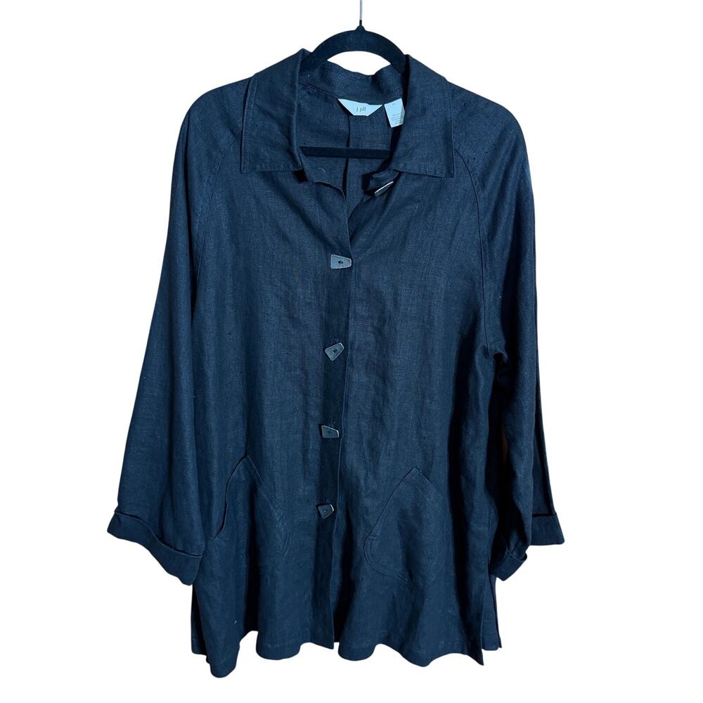 100% Linen Jacket Womens Medium Button Front Tunic Top Shirt Black